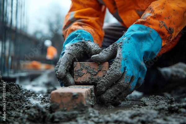 Fototapeta Bricklayer placing bricks with mortar, construction process, wet and muddy environment, masonry work, close-up detail, building foundation, safety gear, construction labor.