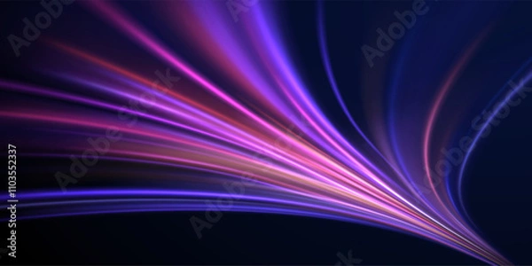Fototapeta Glowing wave swirl, impulse cable lines. High-speed light trails effect. Futuristic dynamic motion technology. Png, neon, line, blur, beam, ray, abstract, energy. Neon color glowing lines background. 