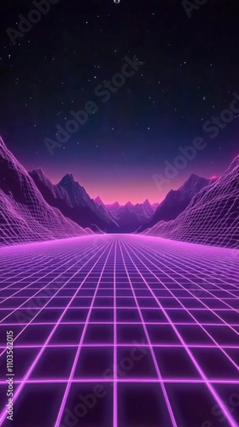 Fototapeta Purple grid background with neon mountains in the distance, in the style of 1980s aesthetics