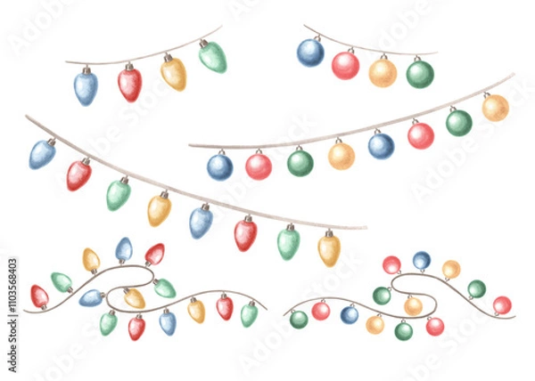 Fototapeta Set of Christmas lights garland on string. Hand drawn watercolor illustration isolated. Festive glowing multi-colored light bulbs hanging on a wire. Winter holiday clipart for card, print, wrapping.