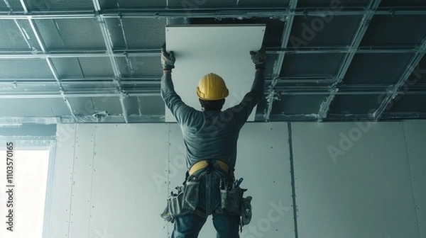 Obraz A construction worker hanging drywall on the ceiling, securing the panels into place with screws and ensuring the joints are perfectly aligned and smooth