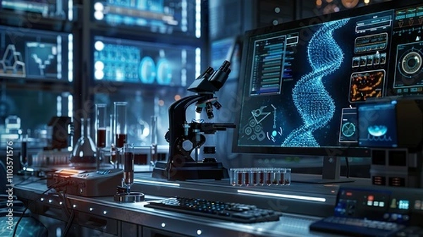 Fototapeta High-Resolution DNA Analysis Lab: Microscope, Test Tubes, Genetic Data on Monitors
