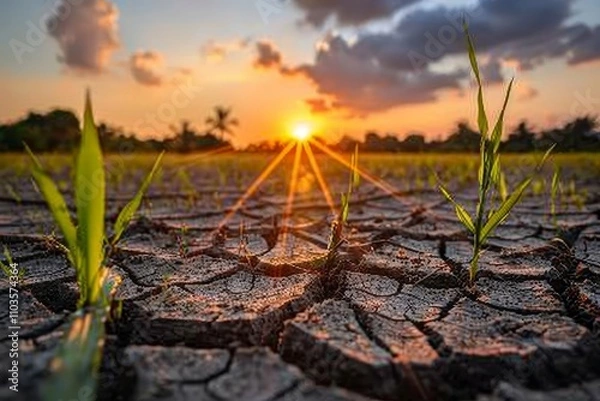 Fototapeta Dried riverbed illustrates climate change s impact  urgent call for global action on water scarcity