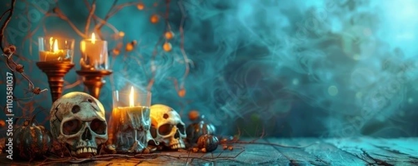 Fototapeta Halloween Background with Candles and Skull. Spooky Graveyard Tabletop.
