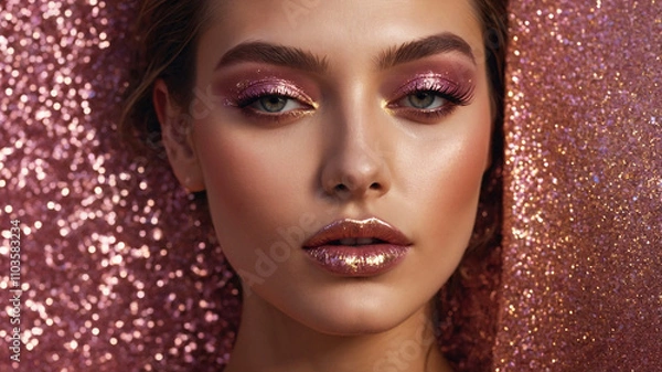 Fototapeta A woman with pink glittered face and sparkly features, showcasing elegance and beauty in a vivid portrait style.