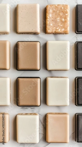 Fototapeta A visually appealing arrangement of various chocolate squares in soft hues, showcasing diverse textures and finishes.