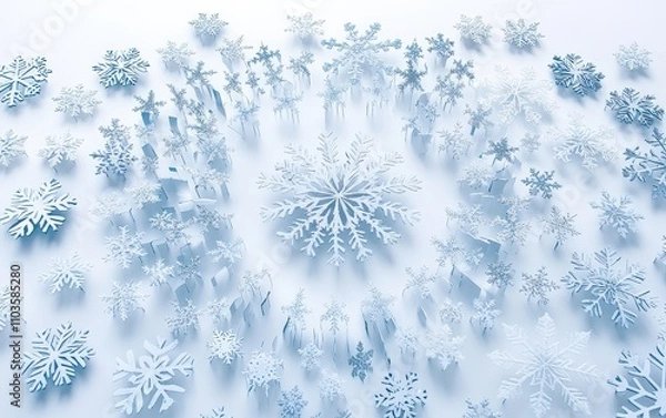 Obraz A pattern of snowflakes arranged in a radial burst, with alternating sizes and materials, on white
