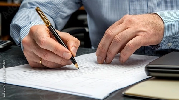 Obraz Businessman Filling Out Form  Close Up Hands  Pen  Paperwork  Contract  Finance  Office  D