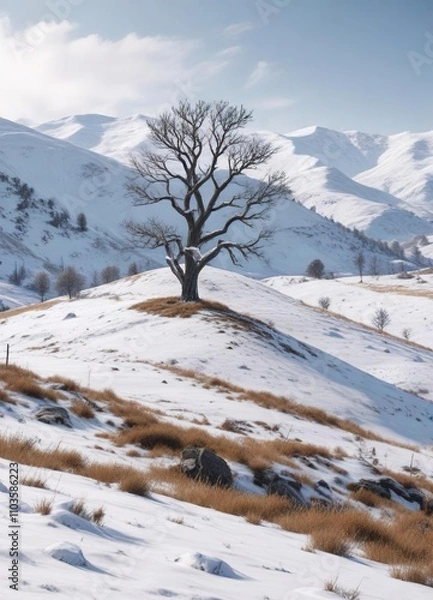 Obraz Snow-covered rolling hills with leafless trees, outdoors, snowy peaks