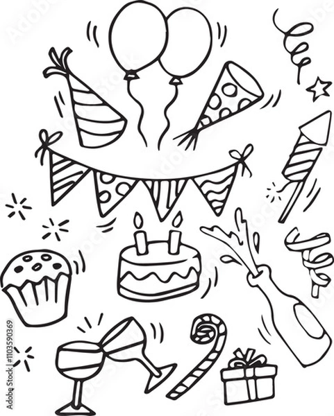 Fototapeta Birthday doodle icon element. Hand drawn sketch doodle birthday cake, balloon, event decoration element. Party, carnival celebration concept background. Vector illustration