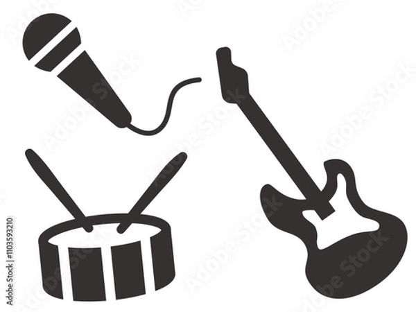 Obraz スネアとエレキギターとマイクのピクトグラム風イラストセット