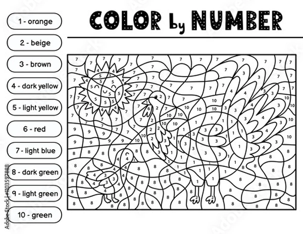 Fototapeta Color by number black and white activity page for kids with a cute mother turkey and her baby chick. Farm animal scene puzzle game in outline. Vector illustration