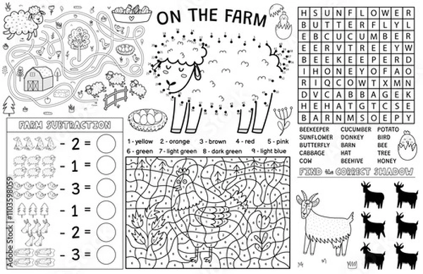Fototapeta On the farm placemat with cute animals. Farm activity mat for kids with dot to dot, word search, math, color by number and maze games. Sheep, hen, goat and others. Vector illustration