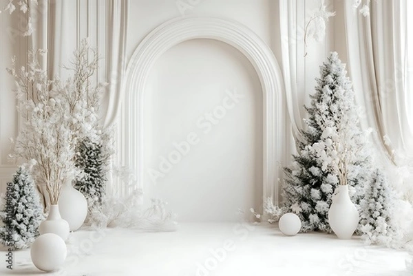 Obraz A white wall with a white arch and curtains, white vases of flowers, christmas trees, ball on the floor, a minimalist interior design.