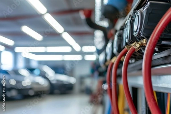Fototapeta Close-Up of Car Maintenance Station with Focus on Hose Connections and Blurred Background of Vehicles in Automotive Service Environment