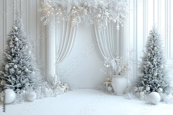 Obraz A white wall with a white arch and curtains, white vases of flowers, christmas trees, ball on the floor, a minimalist interior design.