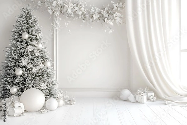 Obraz A white wall with a white arch and curtains, white vases of flowers, christmas trees, ball on the floor, a minimalist interior design.