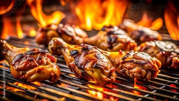 Fototapeta Macro Photography of Grilled Chicken Necks on Grill with Juicy Texture and Charred Details, Perfect for Culinary Art and Food Enthusiasts, Showcasing Appetizing BBQ Delicacies