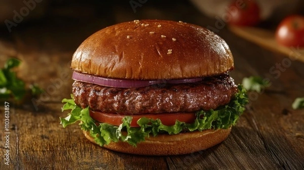 Fototapeta Close-up home made beef burger on wooden table