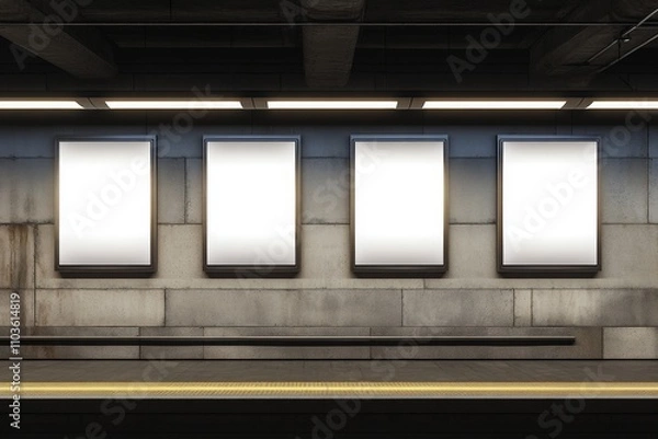 Obraz Empty Advertising Billboards in Modern Subway Station with Neon Lights and Minimalist Decor for Urban Advertising or Design Concepts