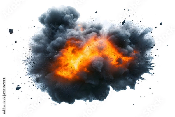 Fototapeta Cinematic explosion scene with orange flames and dark smoke plumes, featuring dynamic particle effects and dramatic blast impact in high-contrast photorealistic rendering, on transparent background