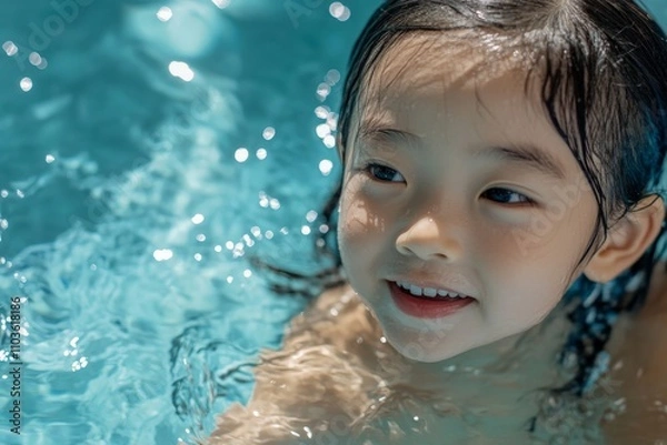 Fototapeta An asian toddler girl learning to swim in the pool