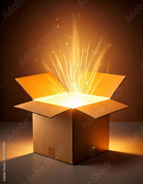 Fototapeta Golden light exploding from an open cardboard box, creating a magical and exciting atmosphere