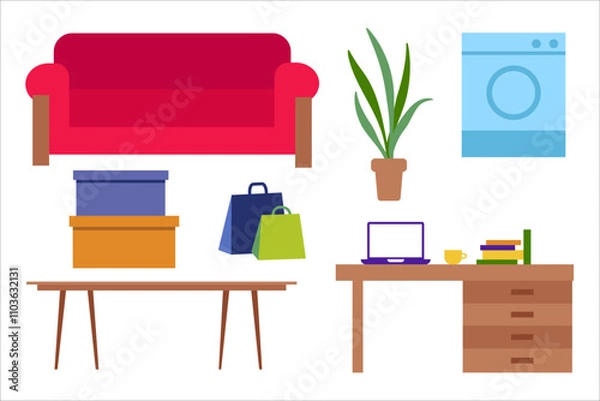 Fototapeta Furniture and appliances, sofa, desk, washing machine, house plant. Table, boxes and packages. Relocation, move. Vector simple color flat illustration.