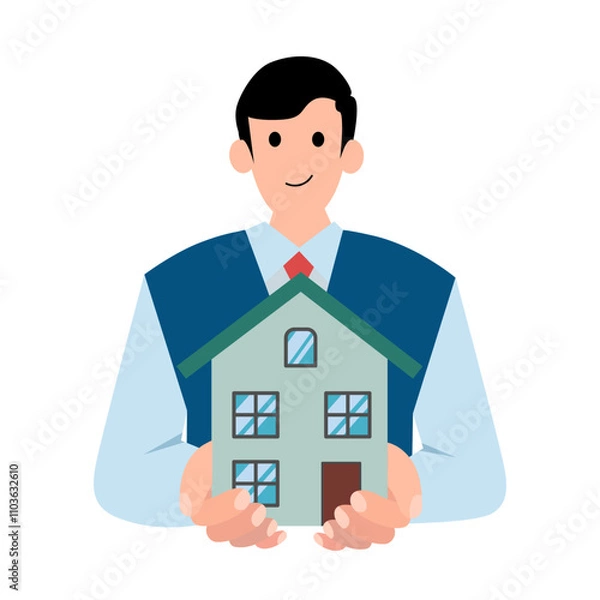 Obraz Man holds a house in his hands. Vector simple color flat illustration.