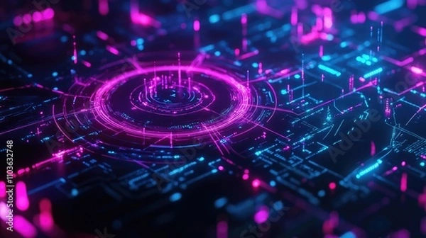 Fototapeta A close-up of a glowing network hub connecting various points on a digital globe; neon art style, electric blue and magenta, futuristic lighting