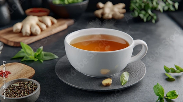 Fototapeta A steaming cup of herbal tea surrounded by fresh ingredients like ginger, spices, and green leaves, creating a serene and inviting atmosphere.