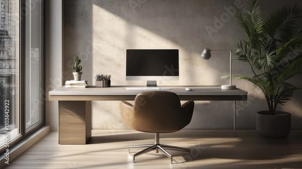 Fototapeta Modern Home Office Workspace 3D Render Sunlit Desk Minimalist Design