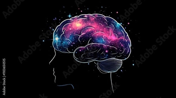 Obraz Cosmic Brain Silhouette with Galaxy Design Showcasing a Colorful Starry Night Background and Intricate Cosmic Patterns