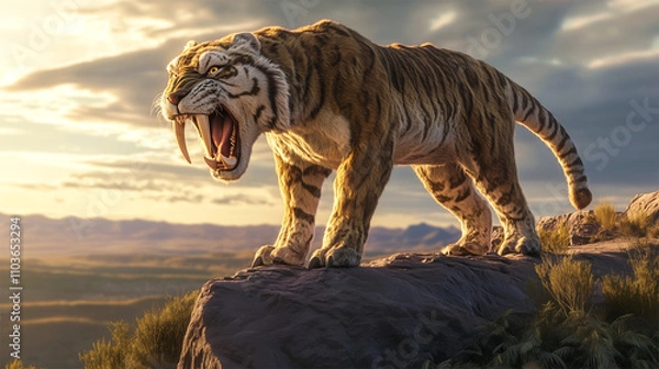 Obraz Roaring Smilodon standing atop cliff under dramatic Ice Age sunset skies  
