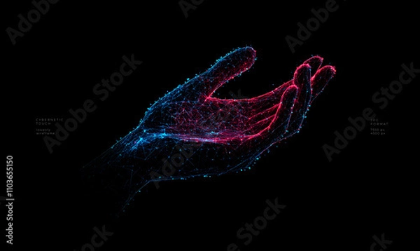 Obraz Glowing Hand in Low Poly Wire Frame Technology Background with Neon Futuristic Design