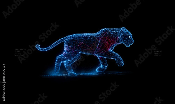Obraz Neon Panther in Low Poly Wire Frame Technology Background with Futuristic Glow