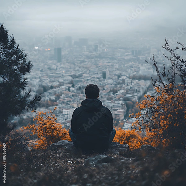 Fototapeta A man sits on a rock overlooking a city