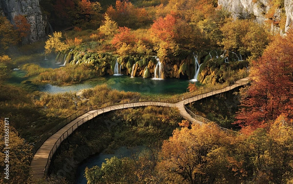 Fototapeta A wooden boardwalk winds through the autumn foliage of Plitvice Lakes National Park in Croatia, with waterfalls and trees in warm hues of orange and red.
