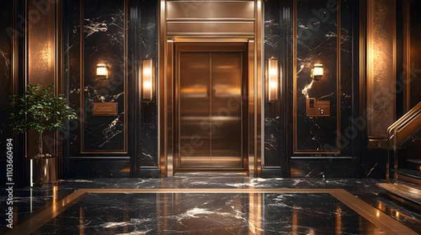 Fototapeta Elegant corridor with a blend of deep brown tones, smooth textures, and modern finishes