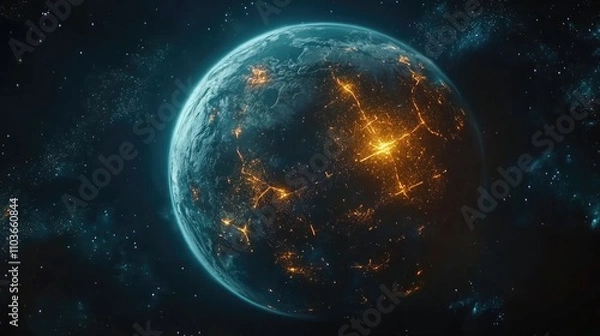 Fototapeta A futuristic satellite view of Earth with glowing city connections forming a global network; photorealistic, night-time palette, subtle neon accents