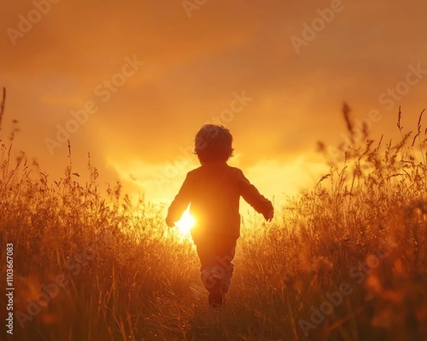 Fototapeta A joyful little boy running through a grassy meadow at sunset, viewed from behind, with the sky painted in warm hues of orange and pink, emphasizing nature s beauty