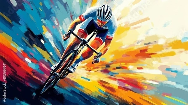 Fototapeta Realistic design of a professional cyclist in the colors of a team's bike: yellow, pink, and blue, with a colorful background, in the style of a vector illustration with brush strokes, colorful.
