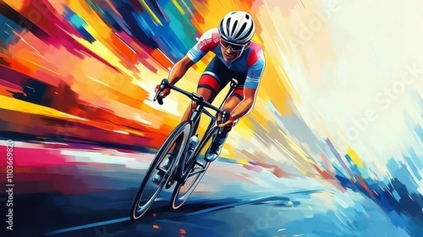 Fototapeta Realistic design of a professional cyclist in the colors of a team's bike: yellow, pink, and blue, with a colorful background, in the style of a vector illustration with brush strokes, colorful.