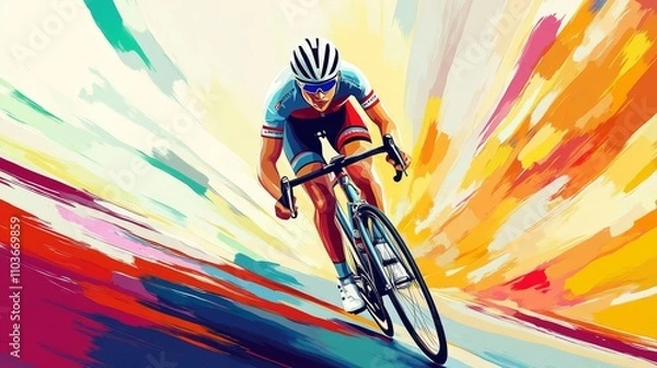 Fototapeta Realistic design of a professional cyclist in the colors of a team's bike: yellow, pink, and blue, with a colorful background, in the style of a vector illustration with brush strokes, colorful.