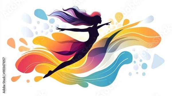 Fototapeta A graceful dancer in mid-pirouette, her silhouette outlined against an abstract background of swirling colors and shapes,Vector illustration with a white background. 