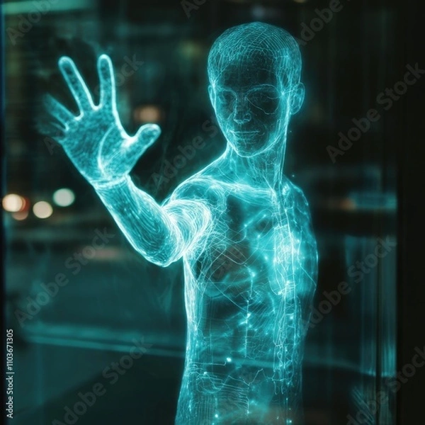 Fototapeta 10 Prompts: Waving Man with Holographic Body, Welcoming Atmosphere
