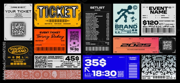 Fototapeta Brutalism label design pack. Futuristic assets for streetwear, event tickets and apparel branding, elements for music events. Retro Y2K and glitchcore aesthetics. Vector set
