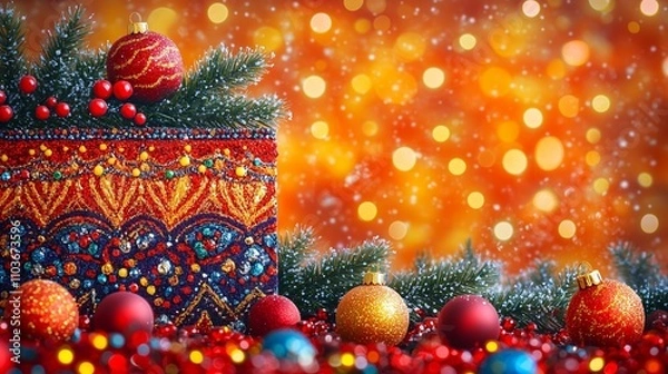 Obraz Festive Christmas-themed composition featuring two intricately painted ornaments in vibrant orange, pink, and blue tones with dotted patterns. Christmas card