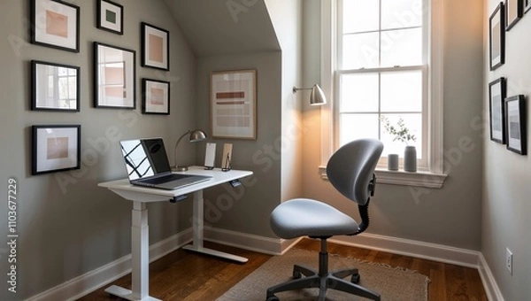 Fototapeta Ergonomic desk setup Compact home office desk in cozy corner with natural light.