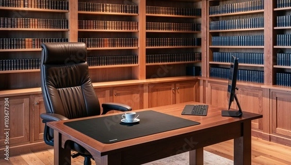 Fototapeta Ergonomic desk setup Classic office with wooden desk and bookshelves.